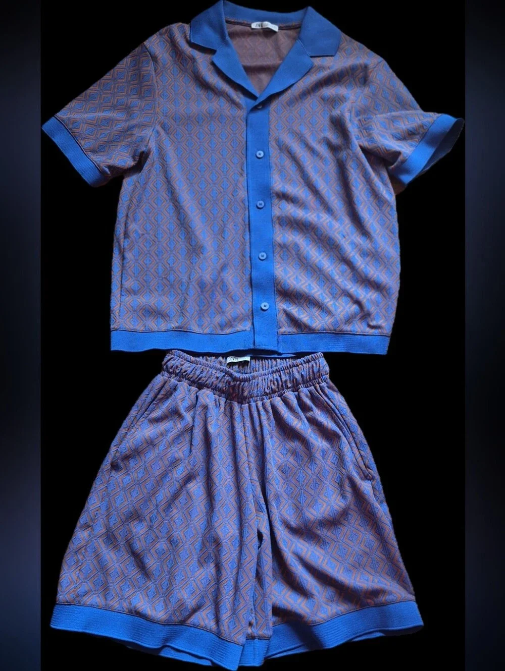 Zara Blue and Orange Geometric Short-Sleeve Shirt & Shorts Set